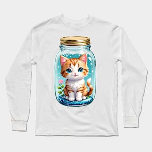 Cute Kawaii Cat With Flowers In Mason Jar Long Sleeve T-Shirt